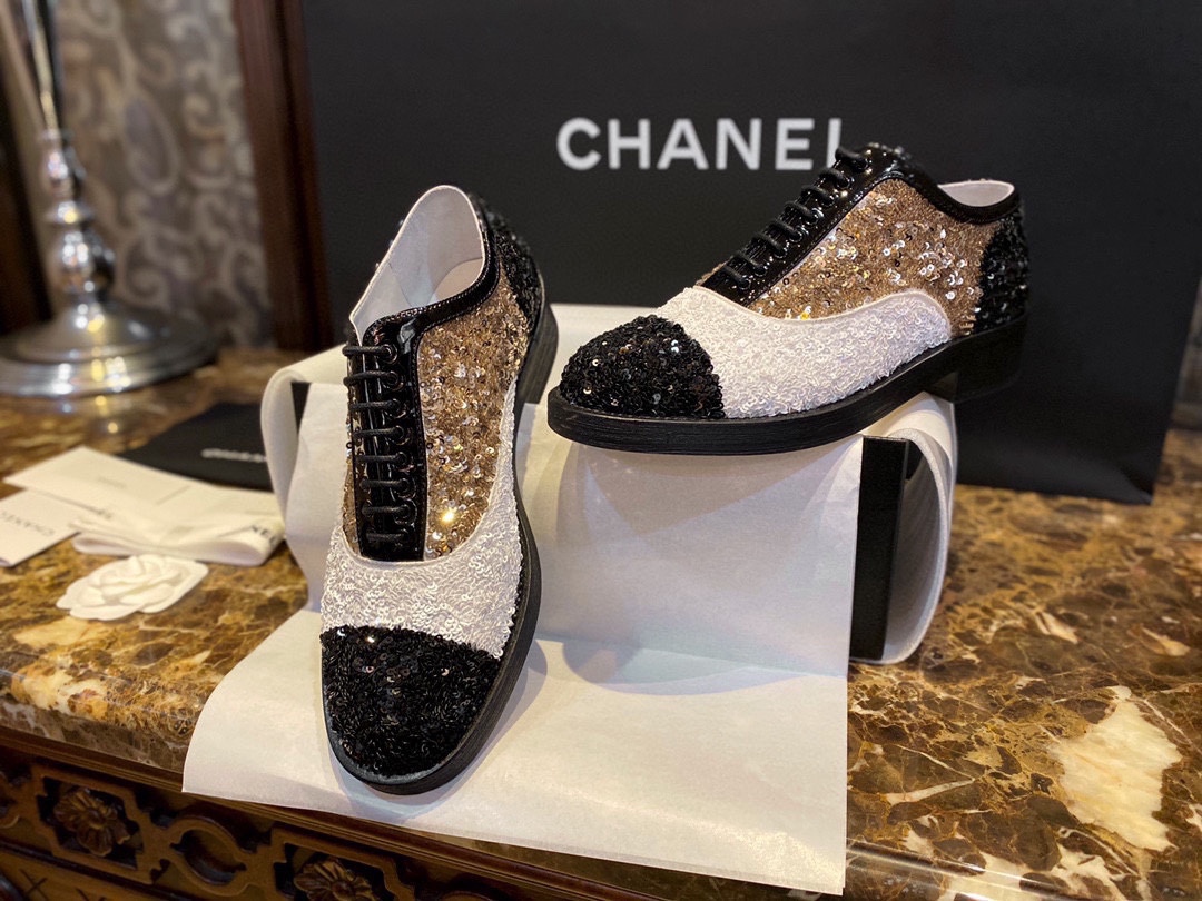 [팬더샵] 샤넬 레이스업 배색 시퀸 옥스퍼드 슈즈 더비 슈즈 Chanel