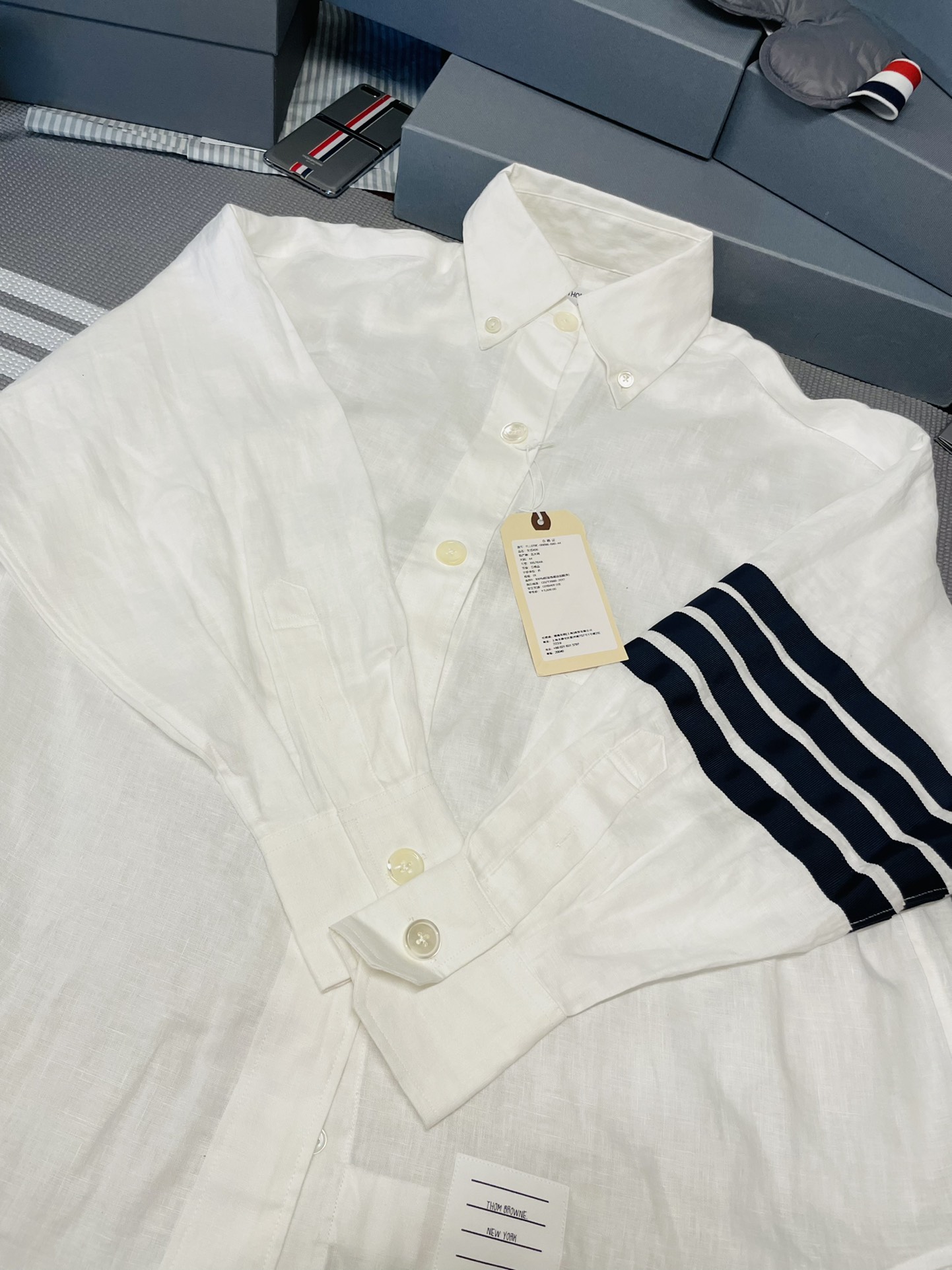 TJ공장 톰브라운 완장 네이비 사선 아마 긴팔 셔츠 Thombrowne