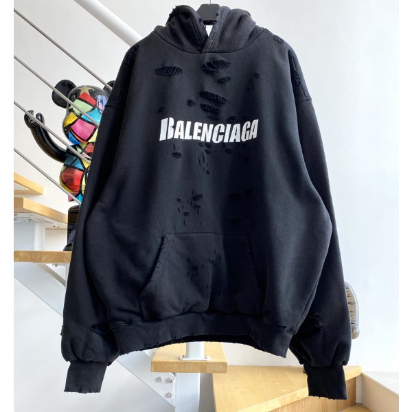 [계단집] 발렌시아가 흰색 모노그램 대미지 후드티 블랙 balenciaga