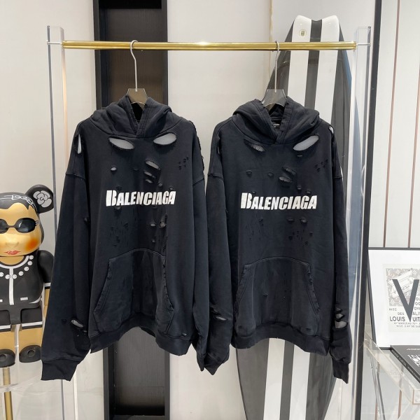 V공장 발렌시아가 흰색 모노그램 대미지 후드티 블랙 balenciaga