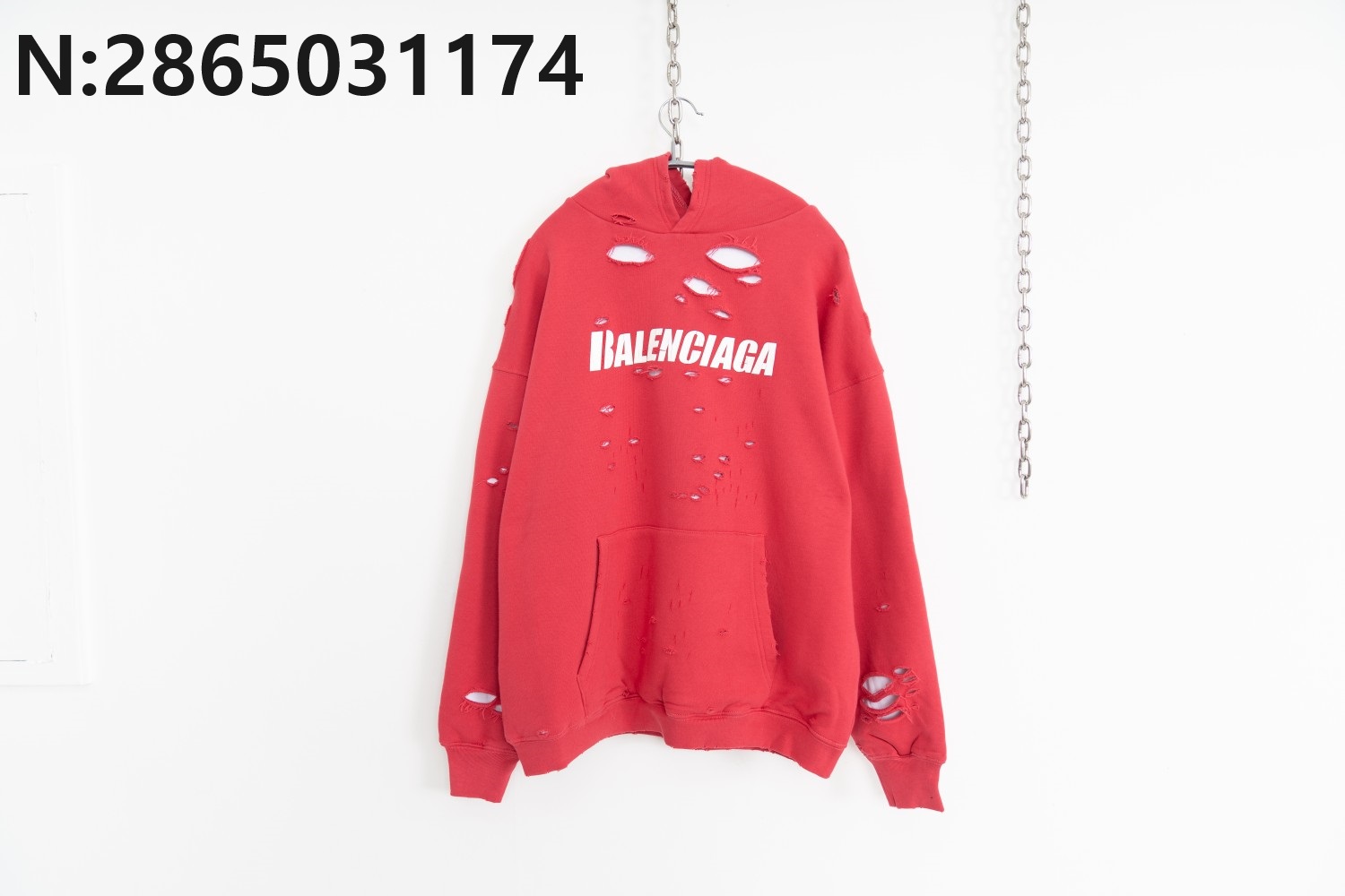 [사슬공장] 발렌시아가 흰색 모노그램 대미지 후드티 레드 balenciaga