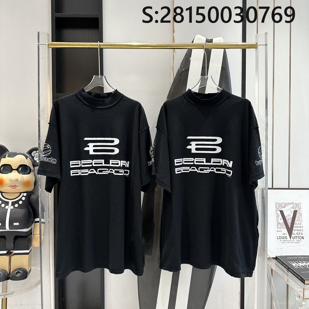 V공장 발렌시아가 흰색 B 대미지 루즈핏 크루넥 반팔티 블랙 balenciaga