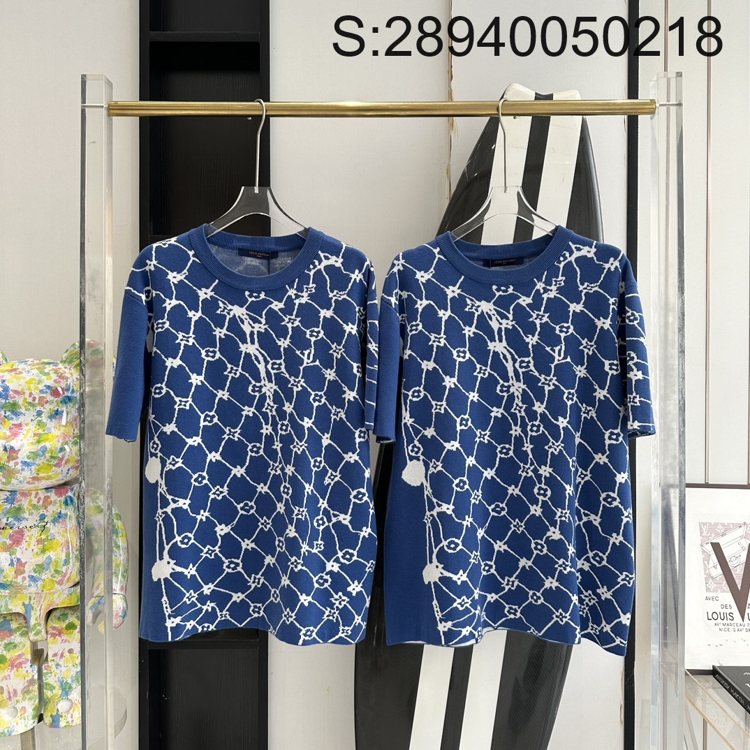 V공장 루이비통 프라워 그물 자카드 니트 반팔티 블루 LOUIS VUITTON