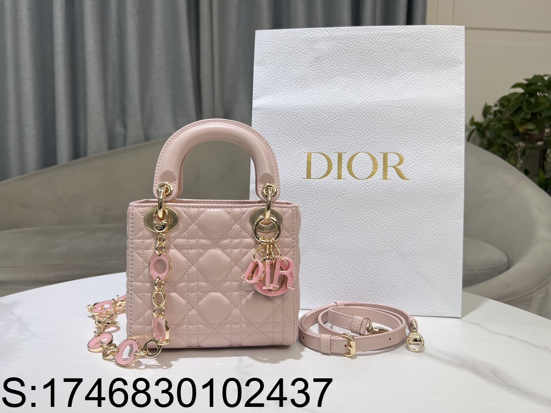 [JHL] 디올 핑크 모노그램 양가죽 레이디 미니 M0505 라이트 핑크 17*15*7cm Dior