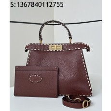 [니콜] 펜디 피카부 레더 스티치 핸들백 미듐 와인 33*12*25cm Fendi