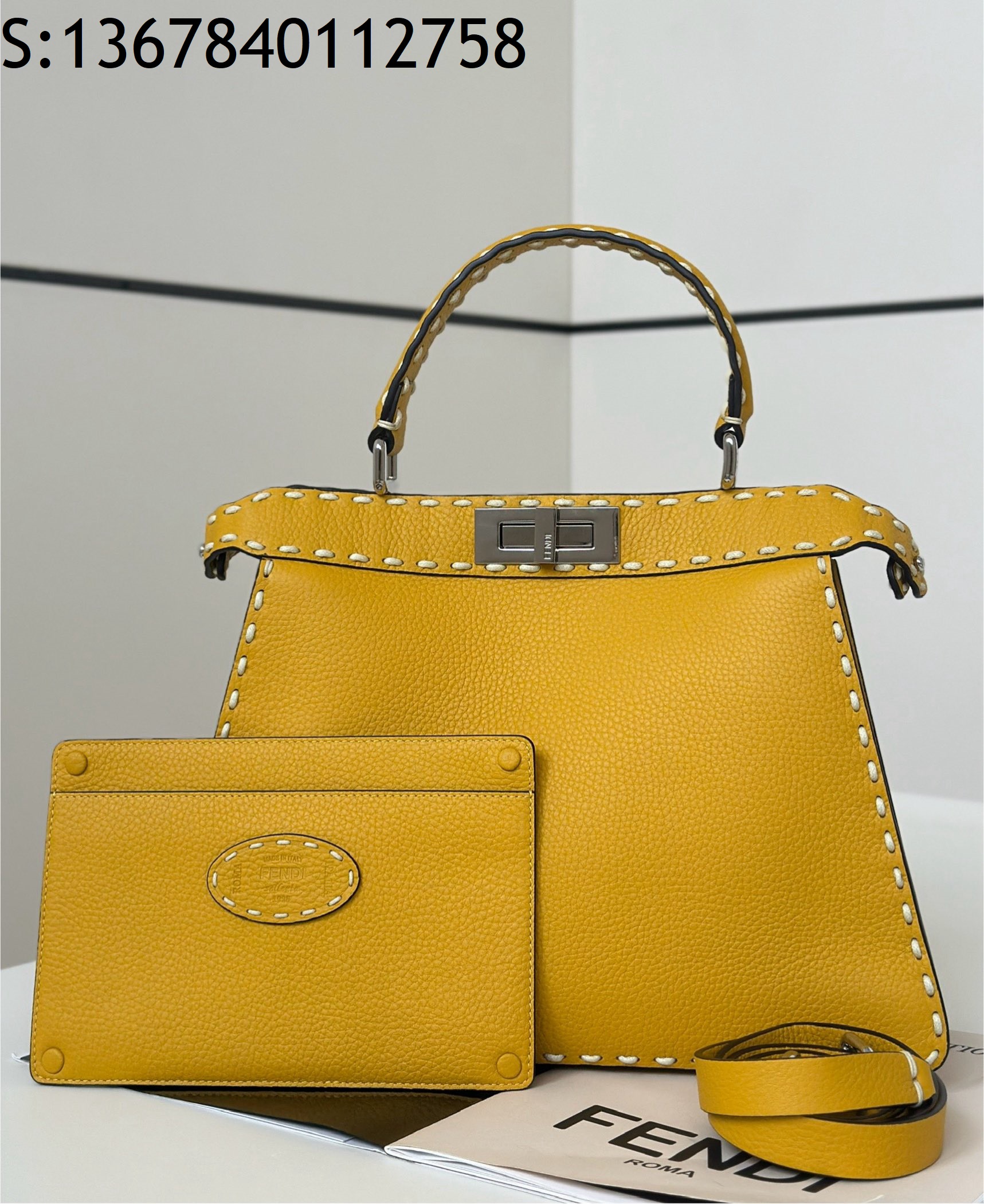 [니콜] 펜디 피카부 레더 스티치 핸들백 미듐 옐로우 33*12*25cm Fendi