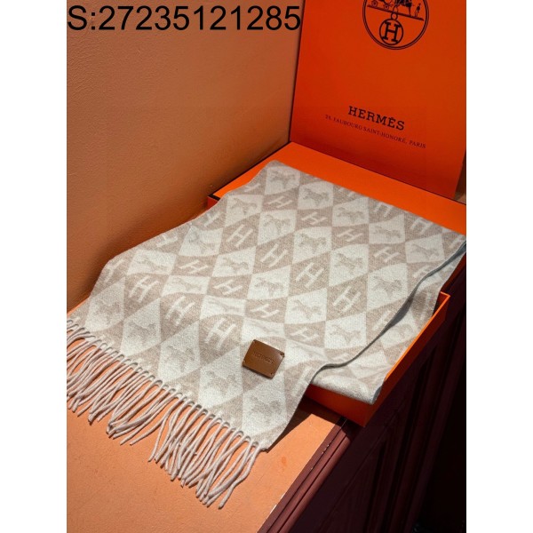 AGG 에르메스 캐시미어 H 자카드 스퀘어 스카프 164*30cm 베이지 Hermes