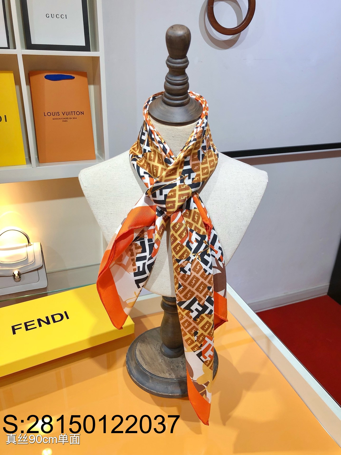 AGG 펜디 FF로고 화훼 실크 명주 스카프 오렌지 90*90cm Fendi