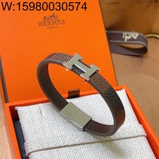 AGG 에르메스 은장 H로고 가죽 팔찌 브라운