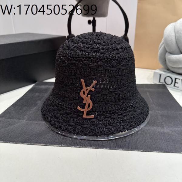 AGG 생로랑 모노그램 라피아 버킷햇 모자 블랙 57cm
