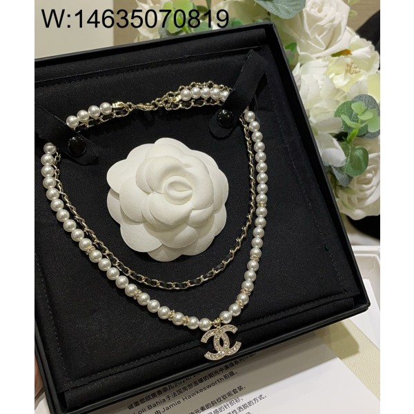 AGG 샤넬 CC로고 이중 체인 진주 목걸이
