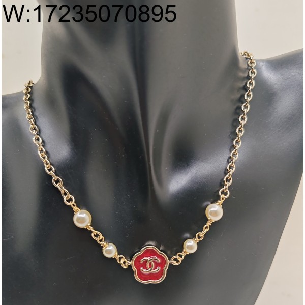 AGG 샤넬 레드 플라워 CC로고 펜던트 목걸이