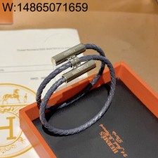 AGG 에르메스 남자 브레이슬릿 퍼즐 가죽 끈 매듭 팔찌 그레이 실버 